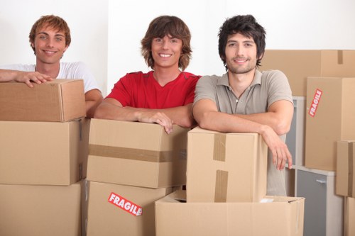 Packed moving boxes and furniture ready for collection in Camden Town